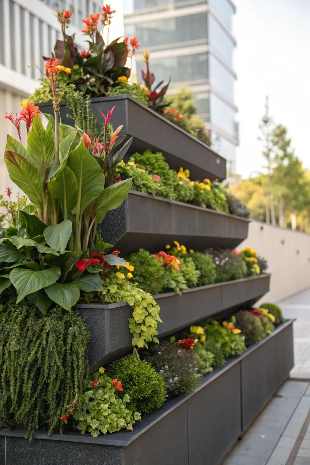 Canna lilies in tiered planters