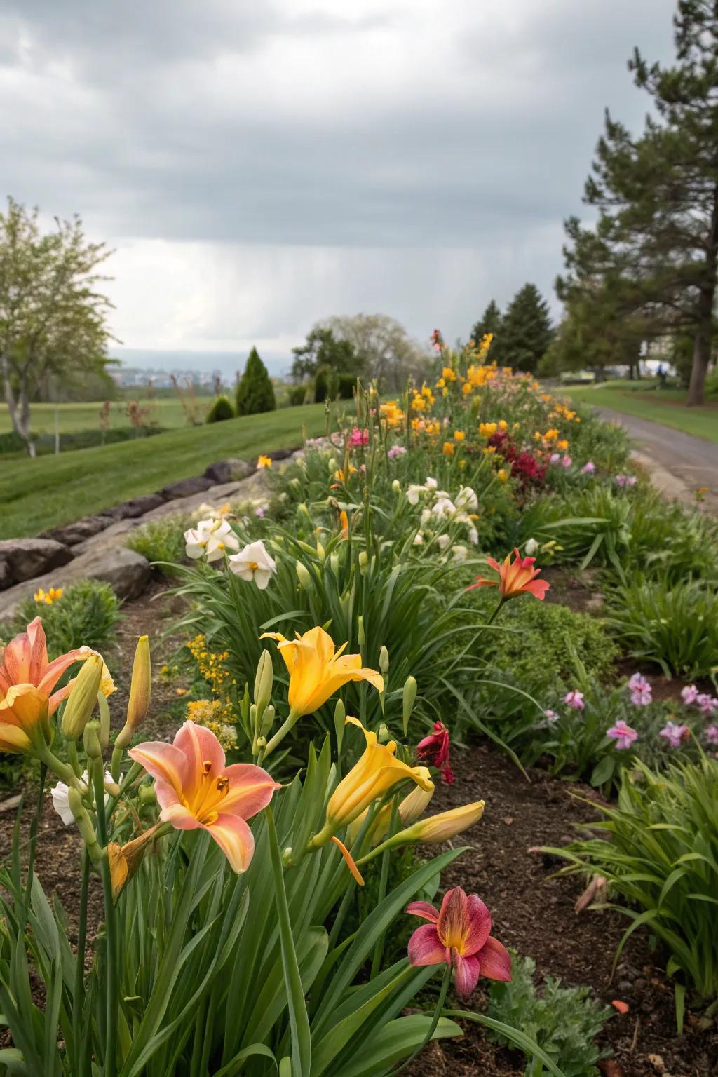 Seasonal transitions with daylilies and spring bulbs.