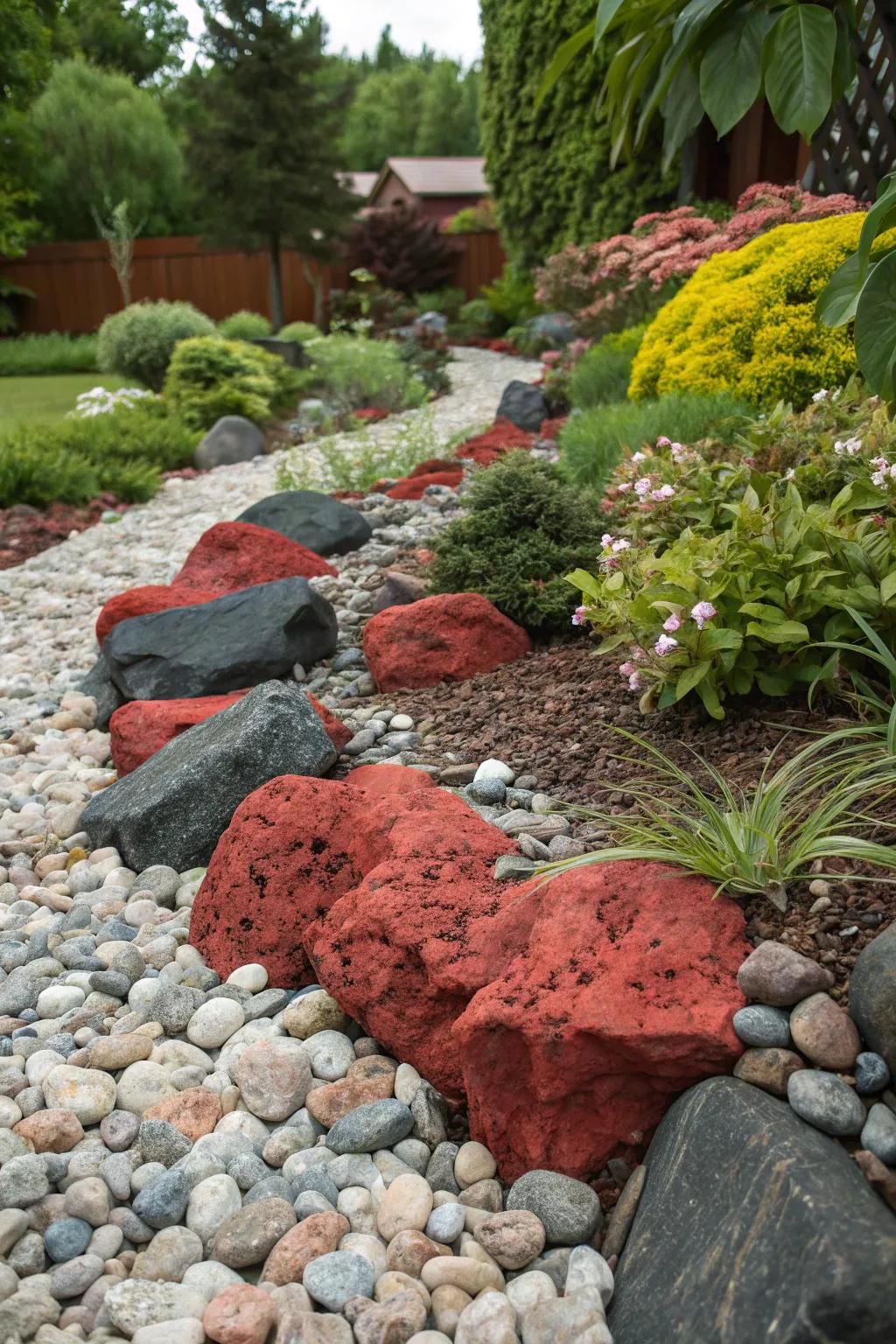 Red lava rocks combined with other stones create striking contrast.