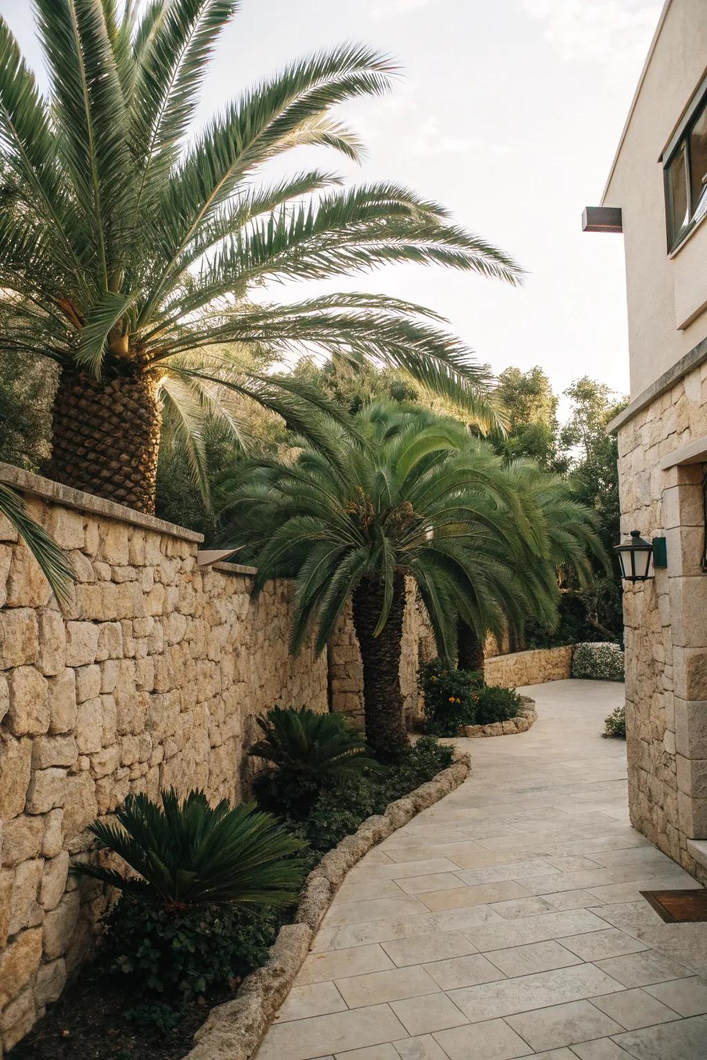 Combine sago palms with hardscapes for a stunning garden feature.