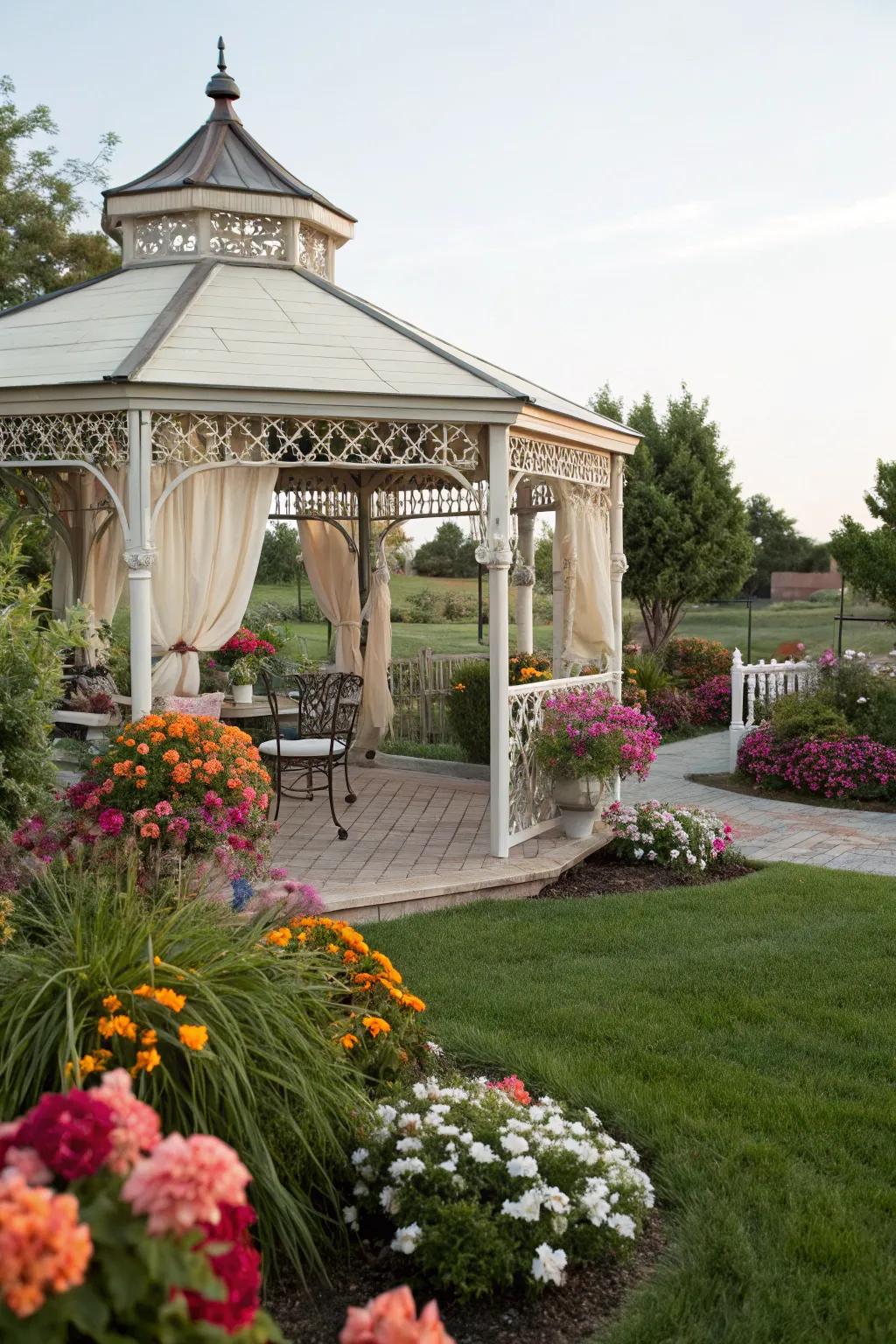 A gazebo offers shade and a stylish retreat.