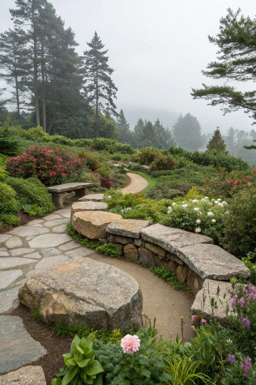 Natural boulder seating offers a unique garden feature.
