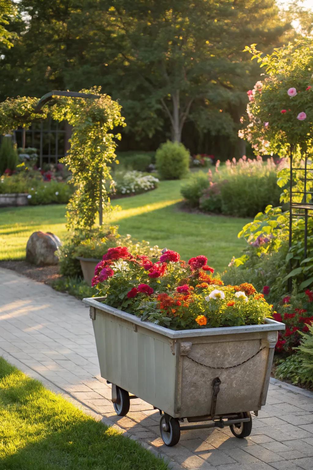 Wheeled planter boxes offer flexibility in garden design.