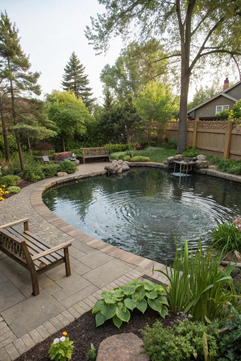A seating area by the pond offers a serene spot for relaxation.