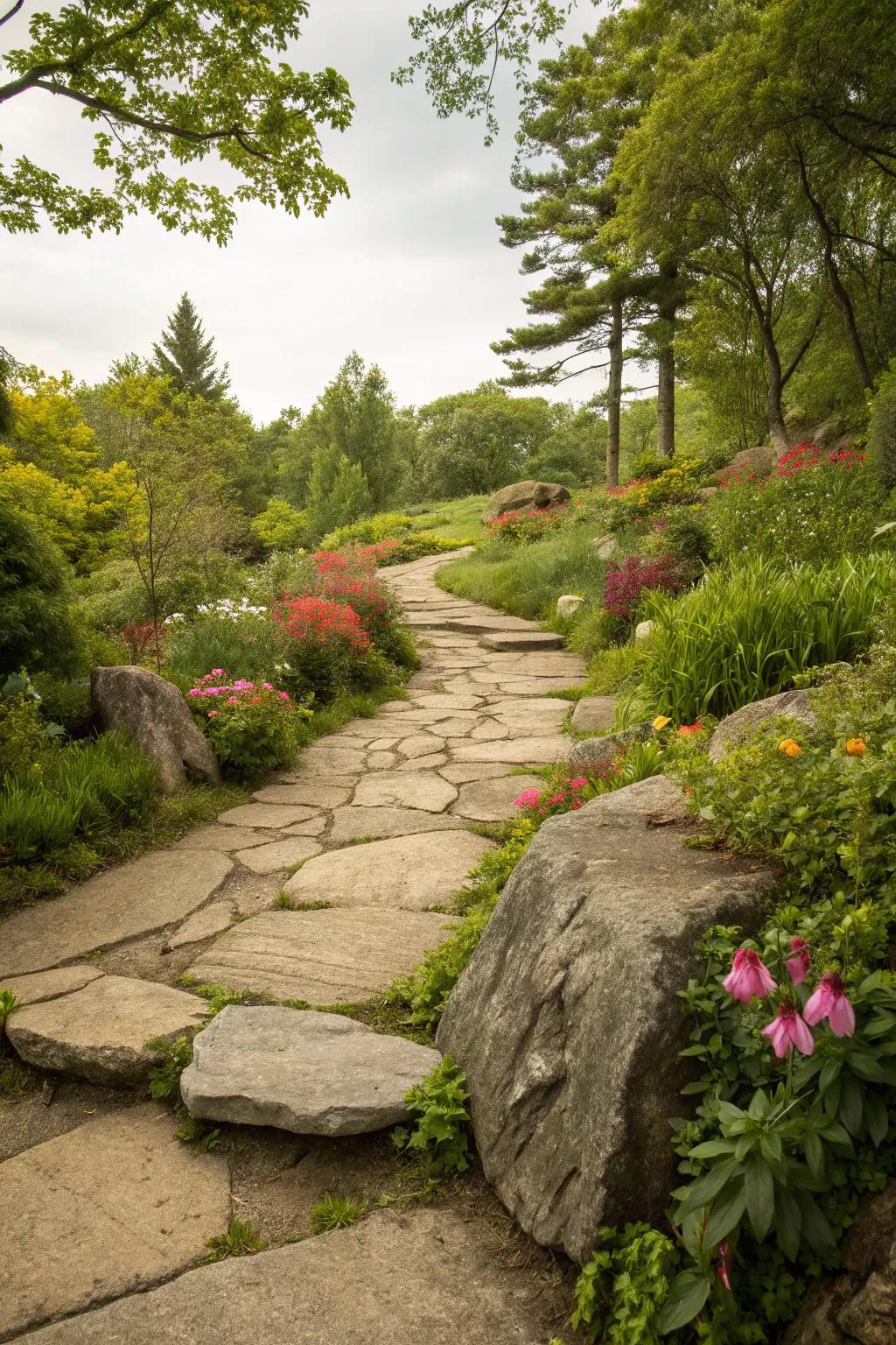 Rustic stepping stones create a charming natural retreat.