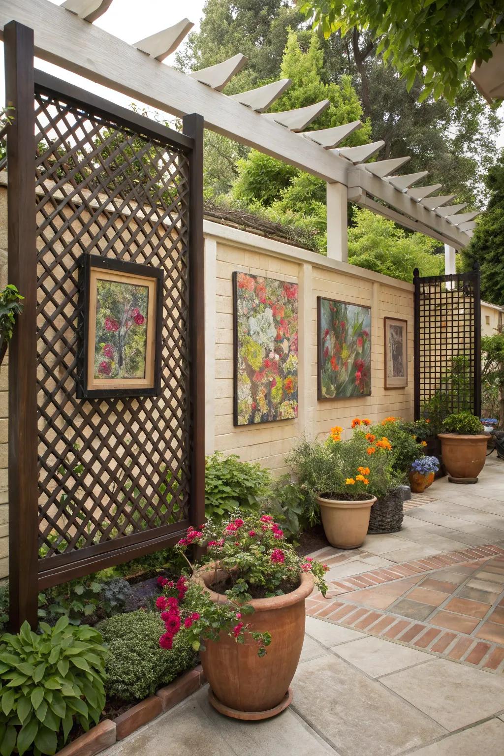 A creatively designed patio with lattice screens showcasing greenery and art.