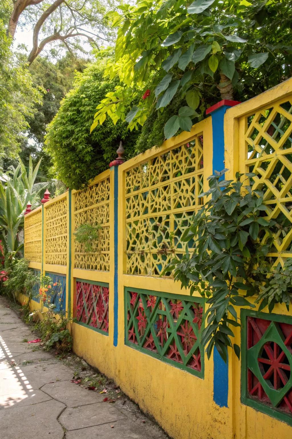 Bold colors on lattice walls create striking garden contrasts.