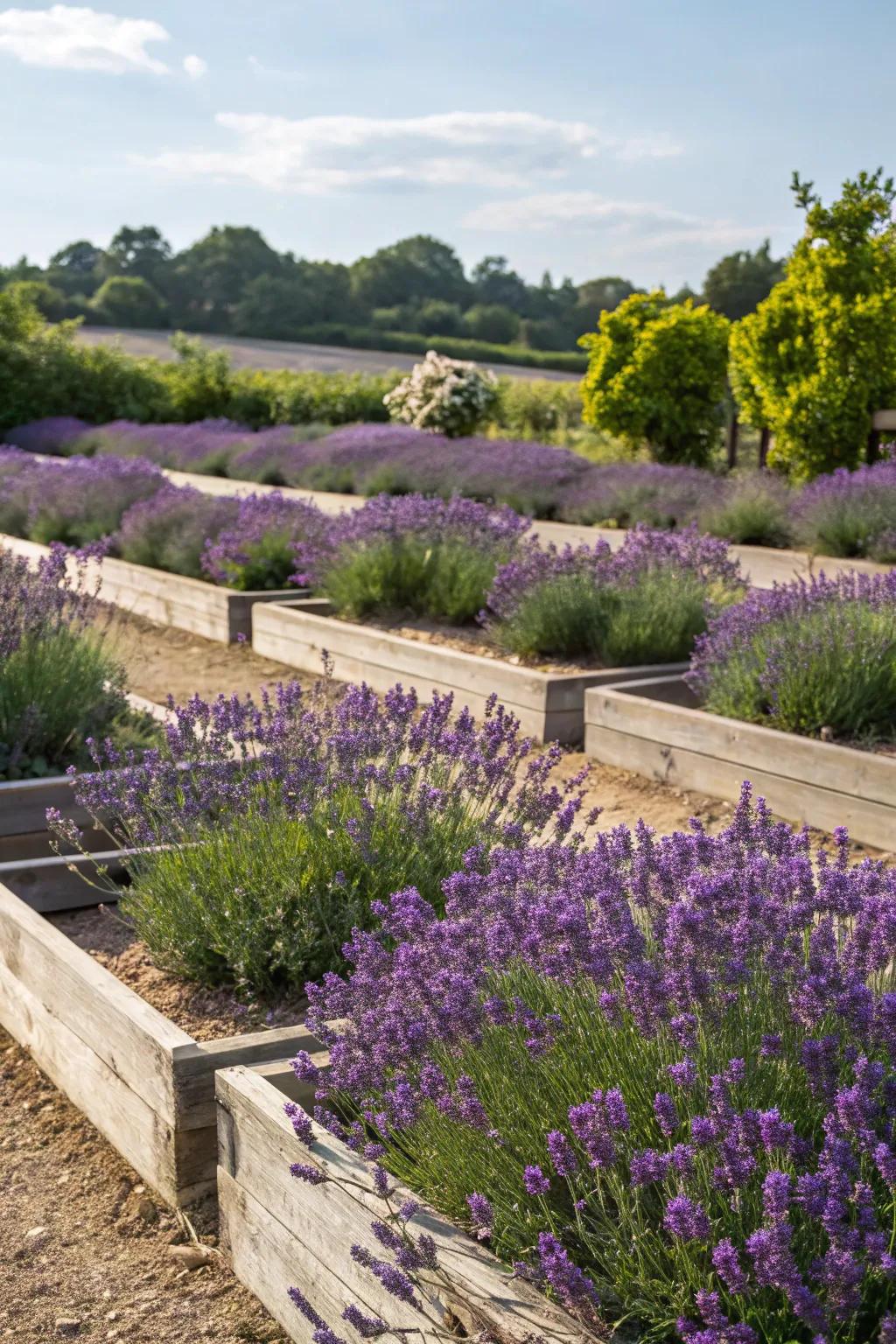 Lavender flourishing in raised garden beds.