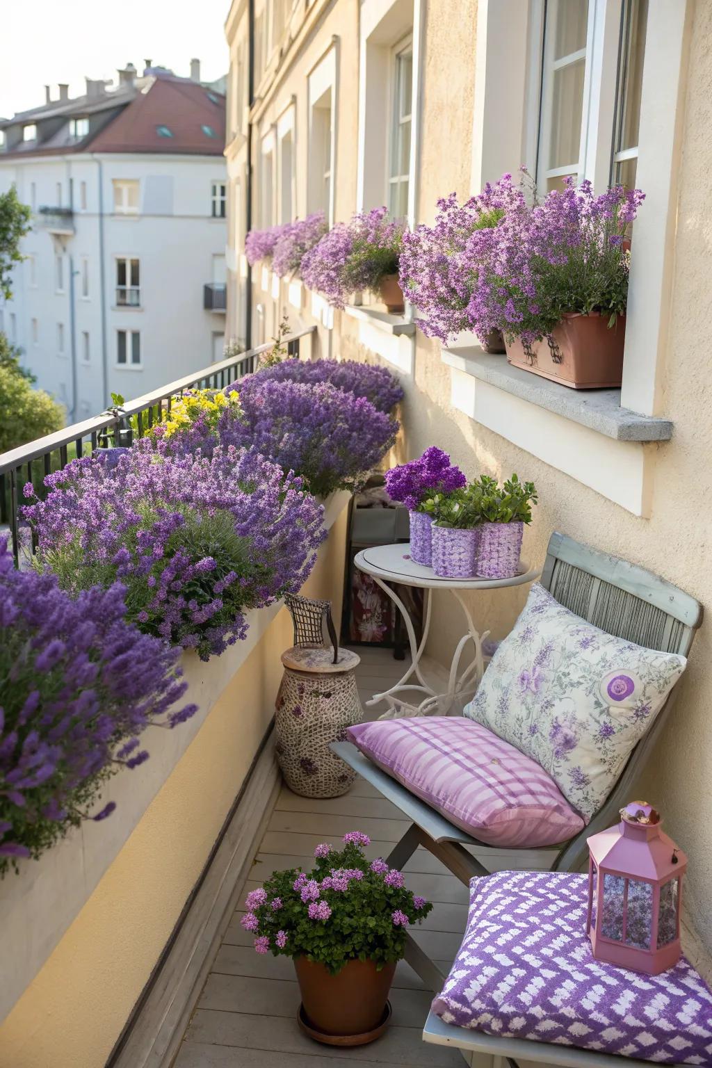A serene balcony oasis with lavender pots.