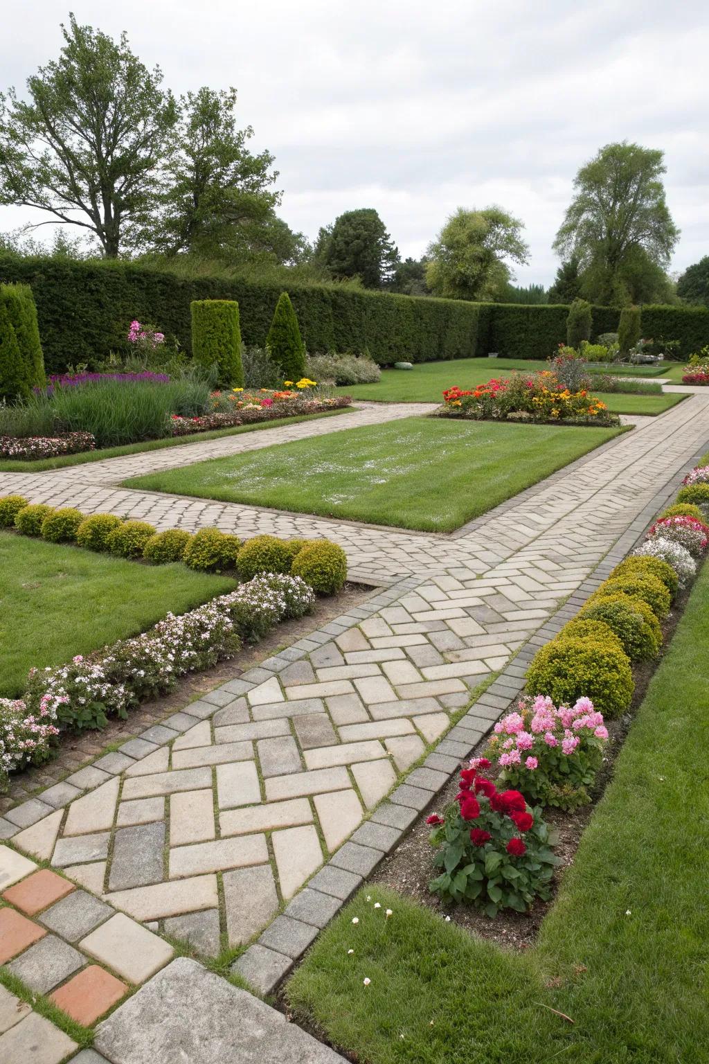 Sophisticated paving stone patterns enhance garden elegance.