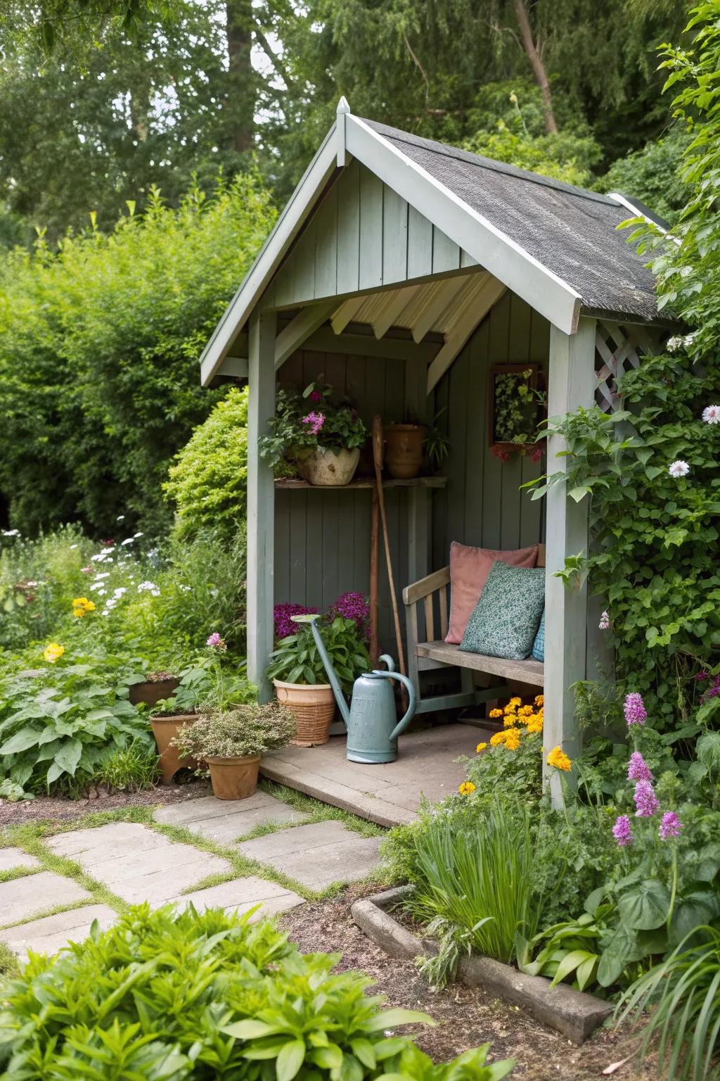 A tranquil garden sanctuary under a lean-to.