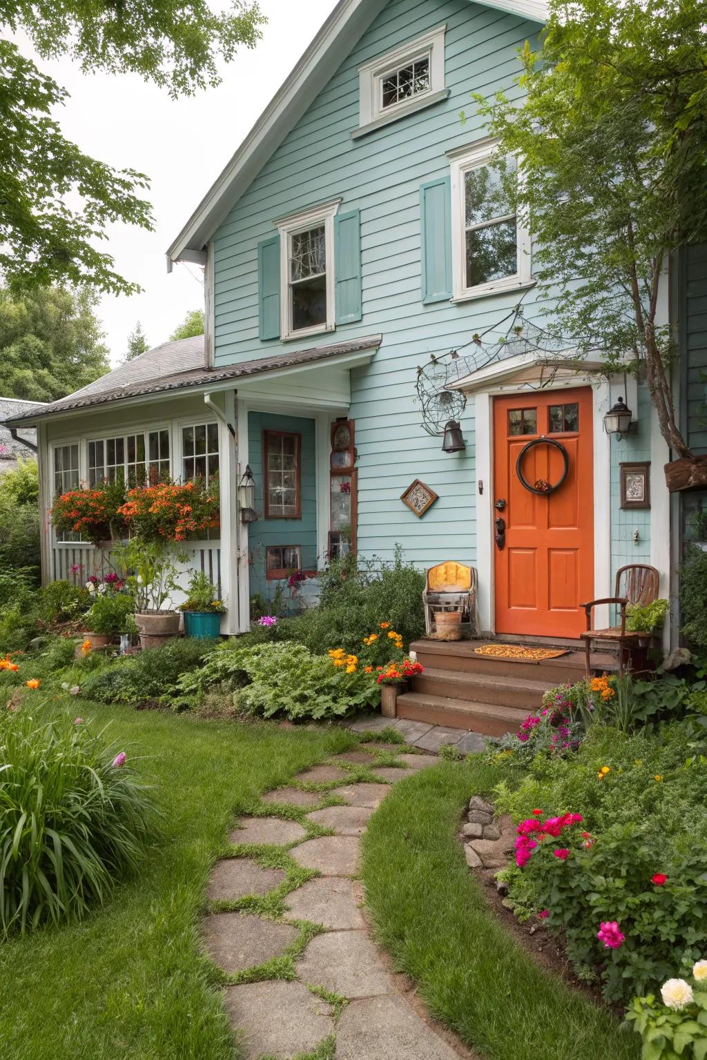 An orange door creates a vibrant and bold entrance.