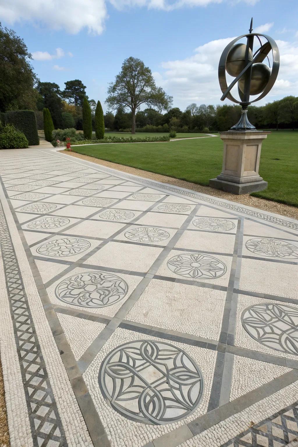 A geometric patterned limestone driveway adding a modern touch.