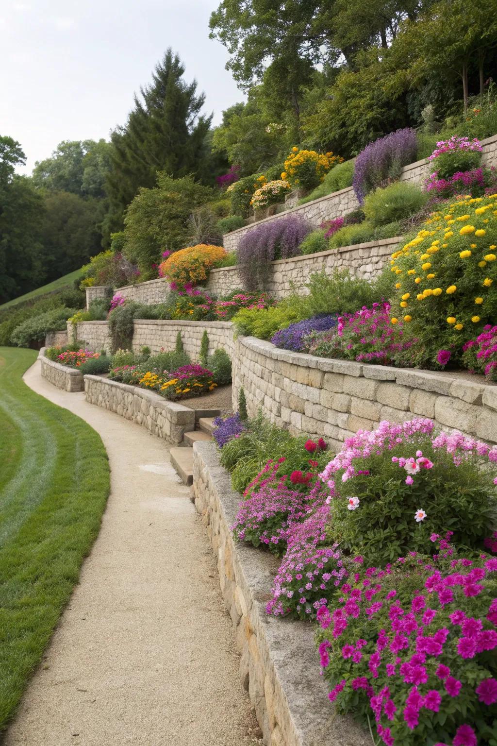Terraced limestone beds maximize garden space.