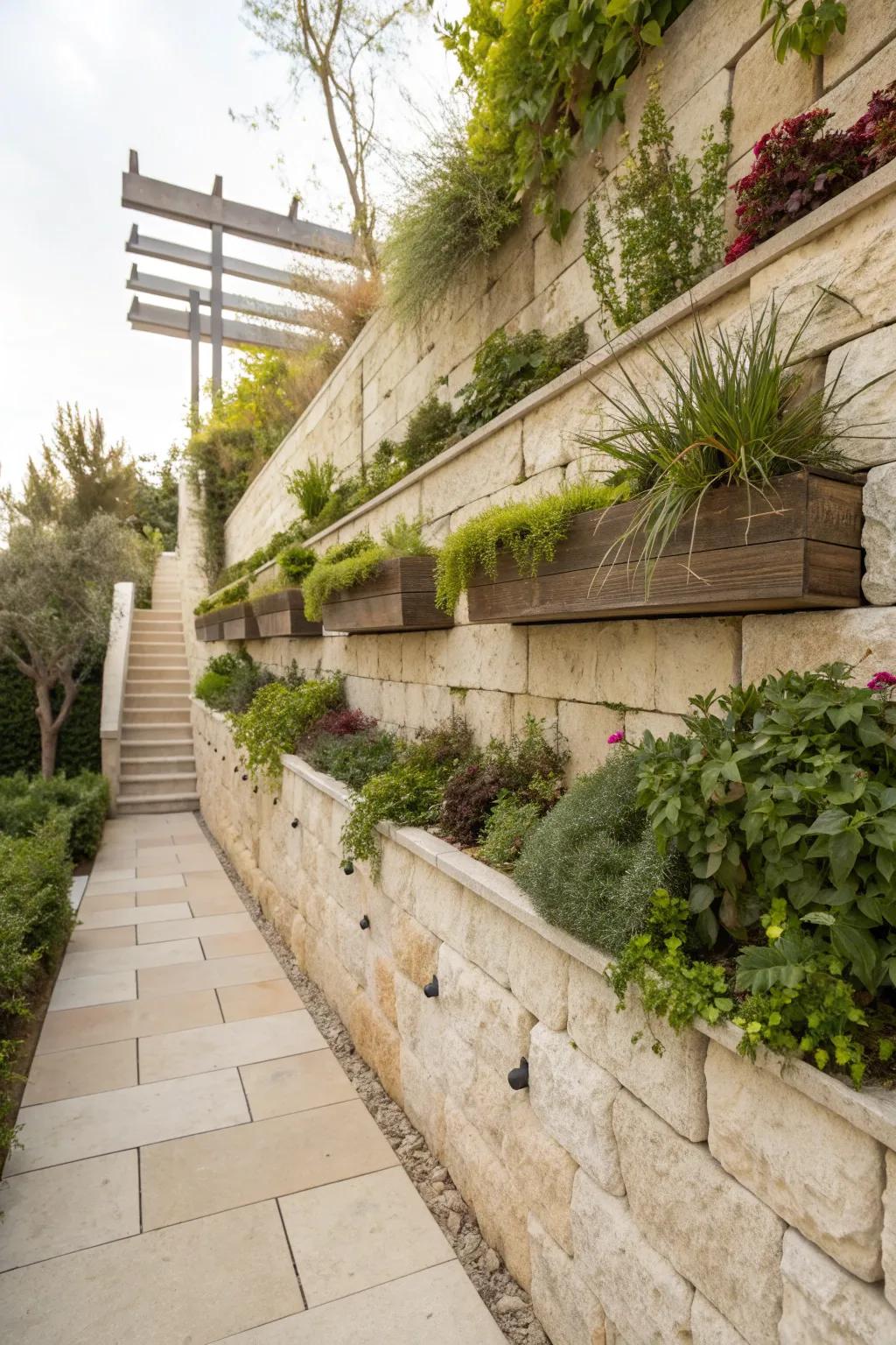 Limestone walls serve as stunning backdrops for vertical gardens.