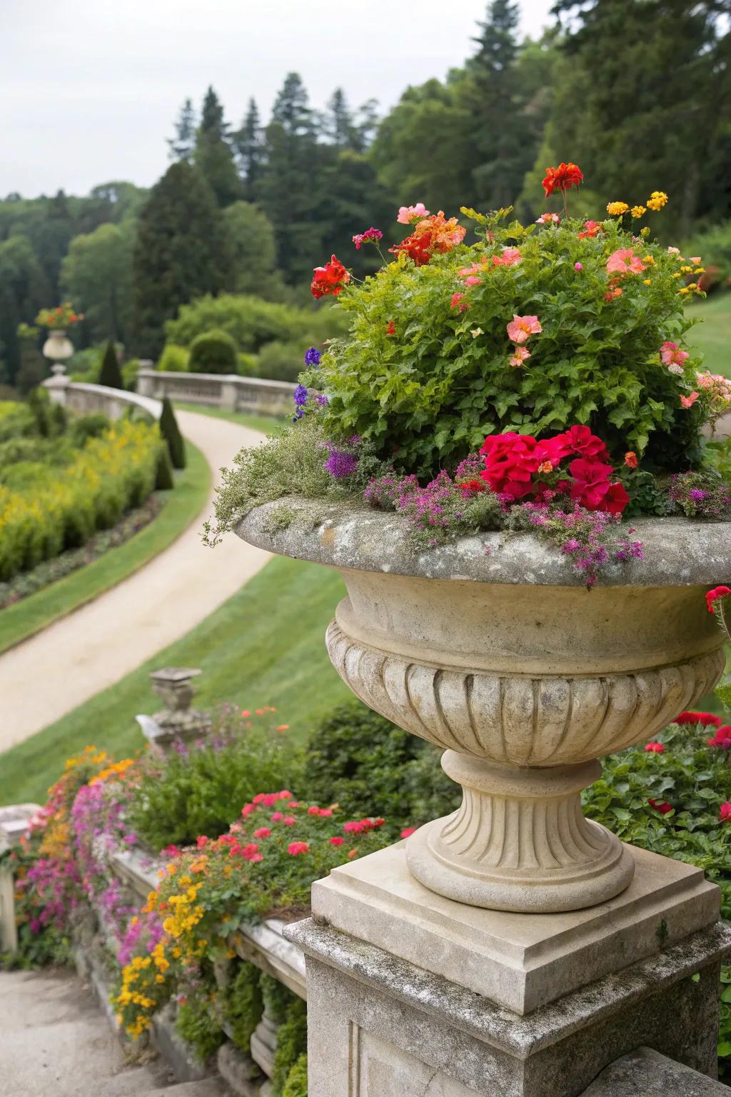 Limestone planters elevate and highlight beautiful blooms.