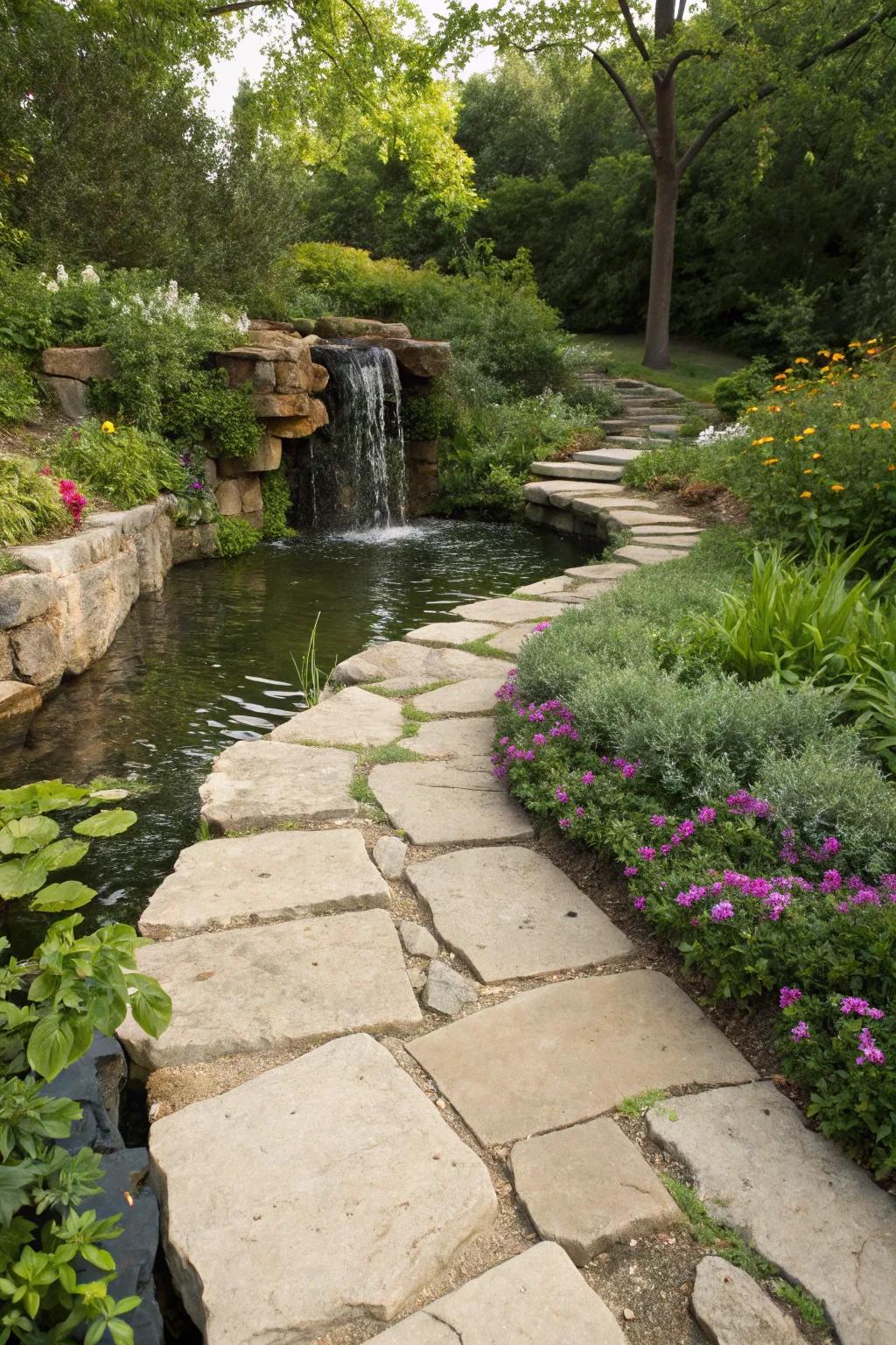Limestone path enhanced by a tranquil water feature.