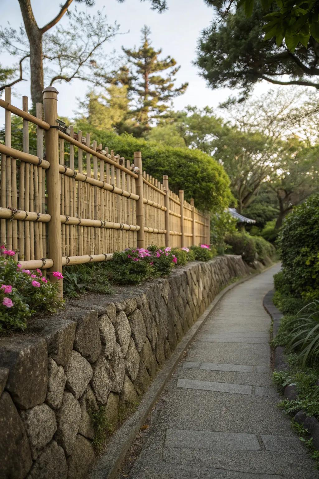 A short bamboo fence atop a stone wall, blending natural materials with existing structures.