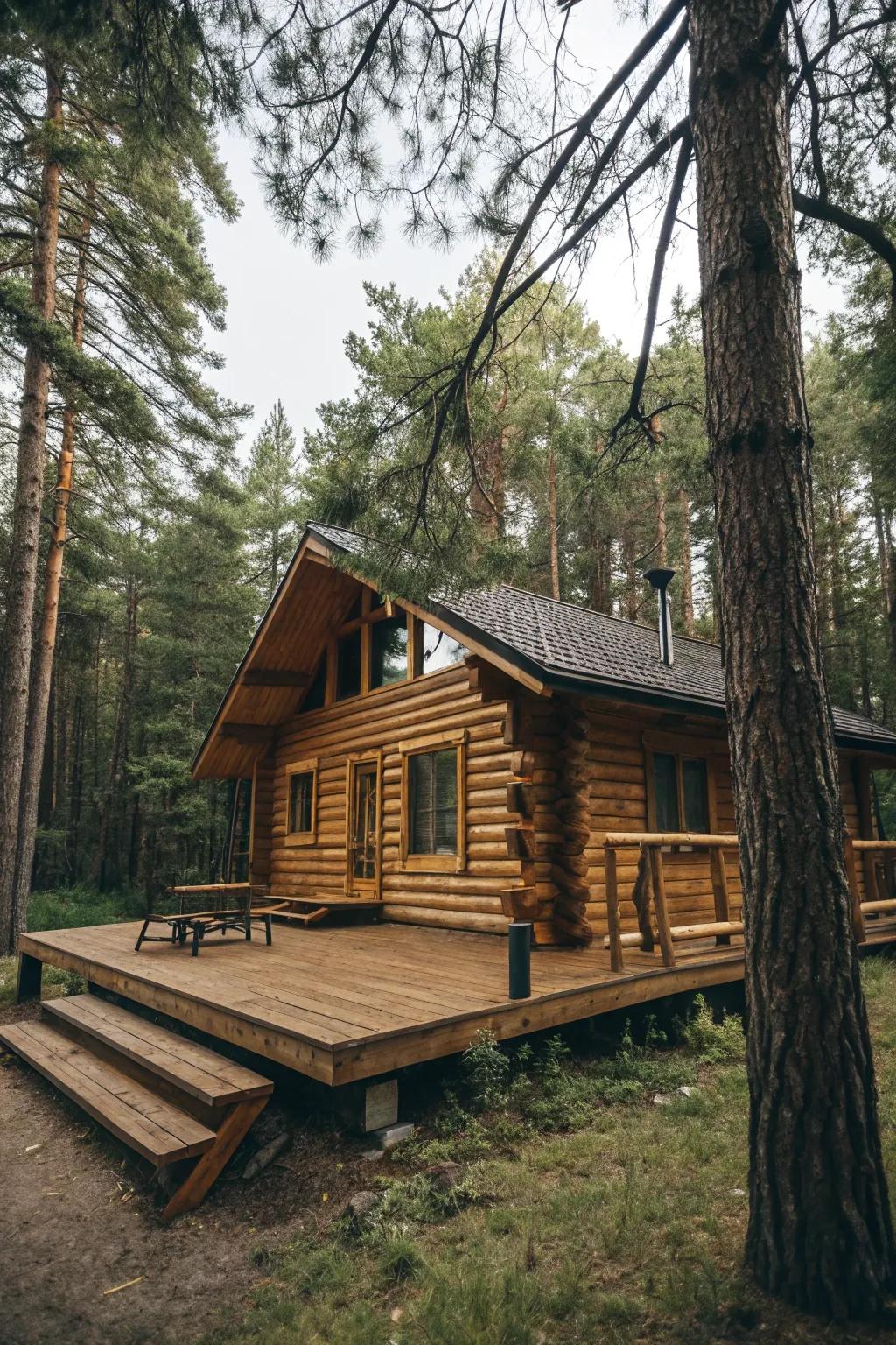A wooden deck foundation merging with the natural landscape.