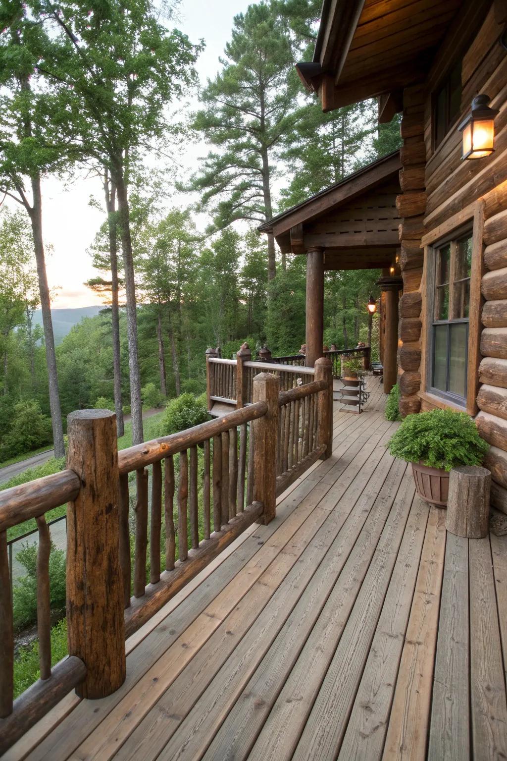 Reclaimed wood railings add unique history and character to this sustainable log cabin deck.