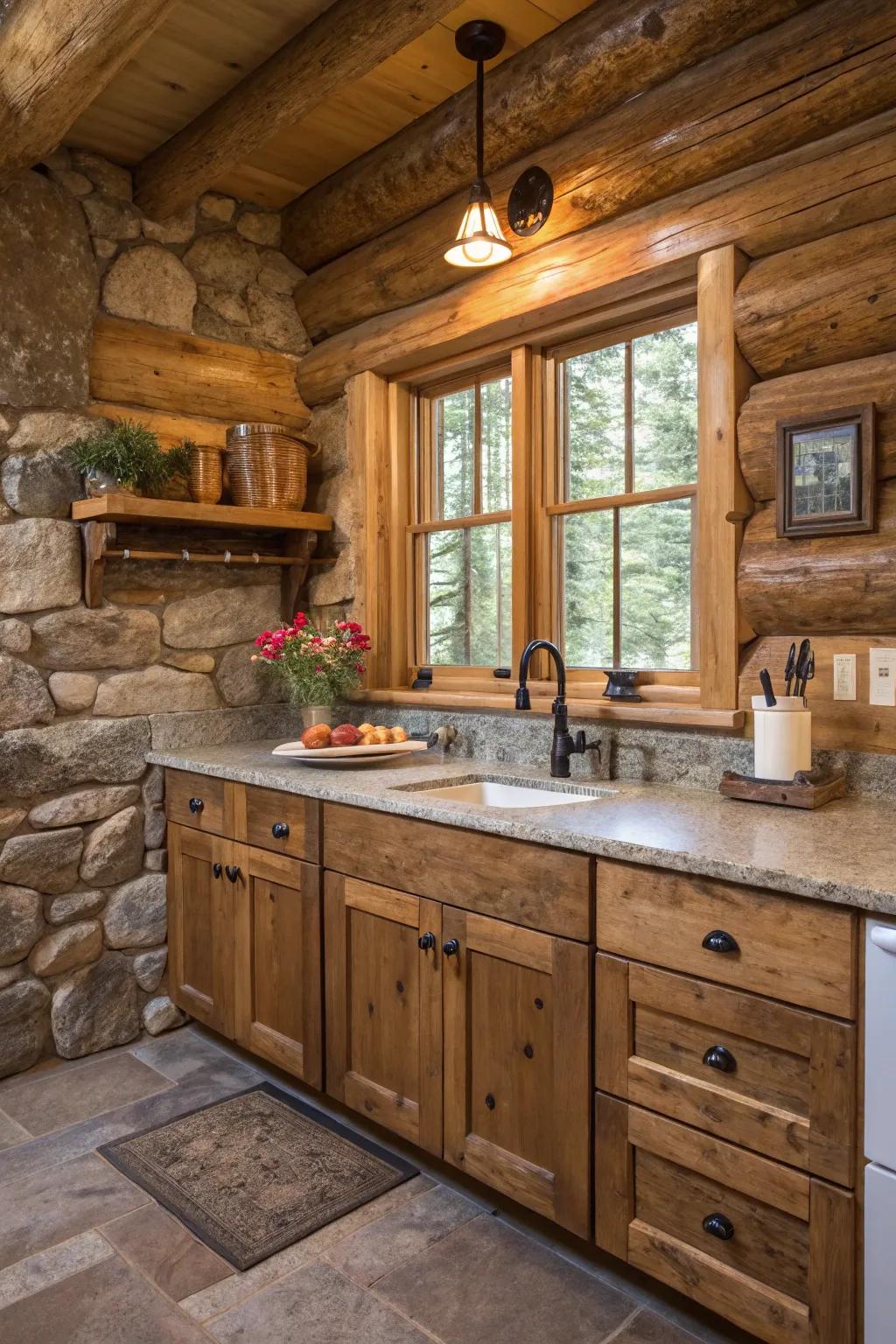 A functional and elegant log cabin kitchen with natural materials.