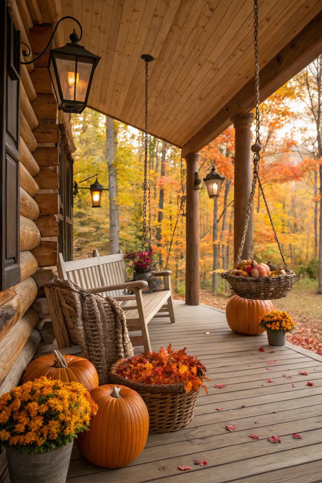 Seasonal decor transforms a log cabin porch, adding a touch of festive charm and warmth.