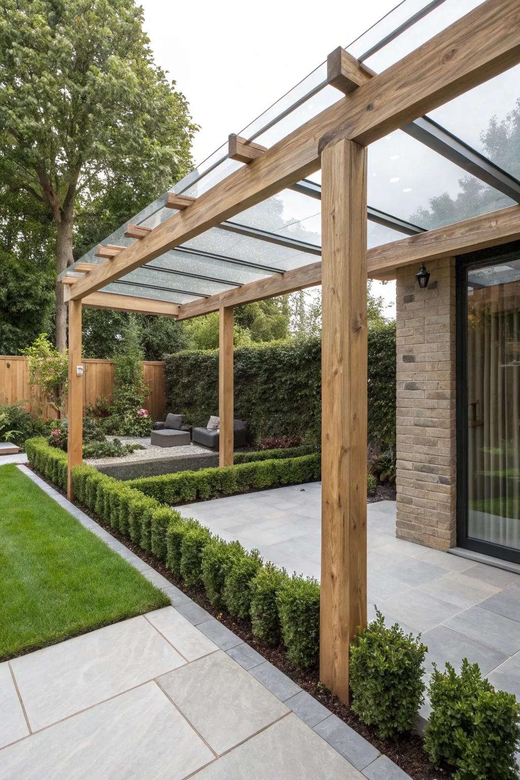 A modern twist on a log pergola with a sleek glass roof.
