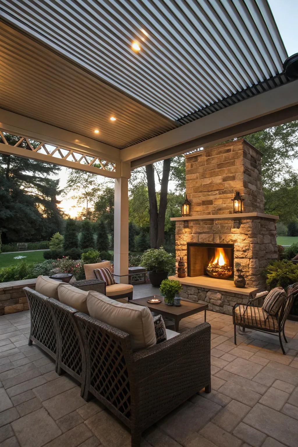 A warm and inviting space with a louvered cover and fireplace.
