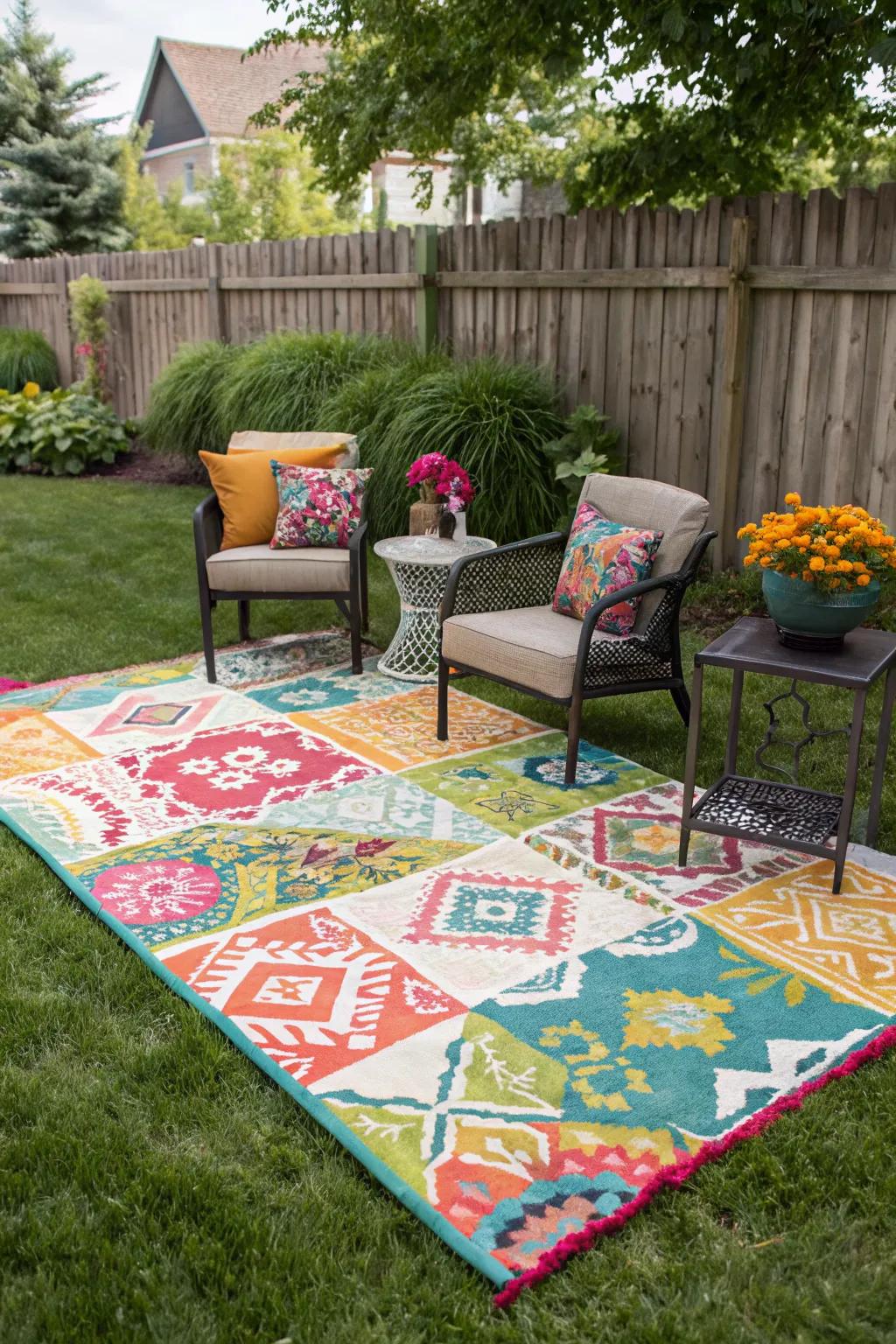 Define your space with a vibrant outdoor rug.