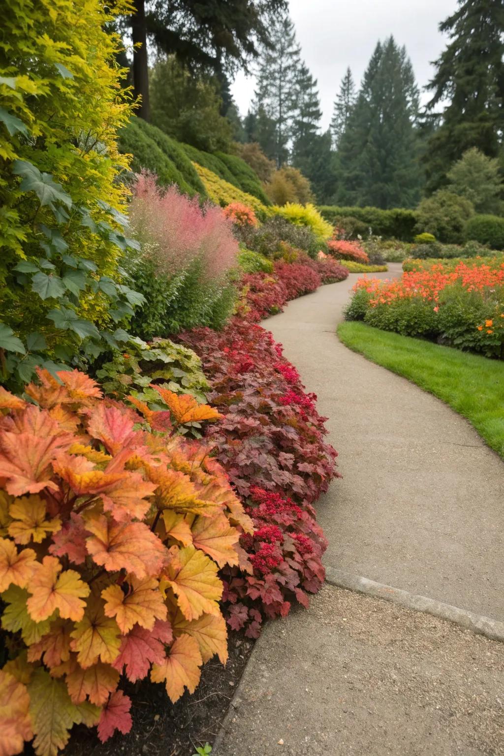 Coral bells add vibrant foliage with minimal upkeep.