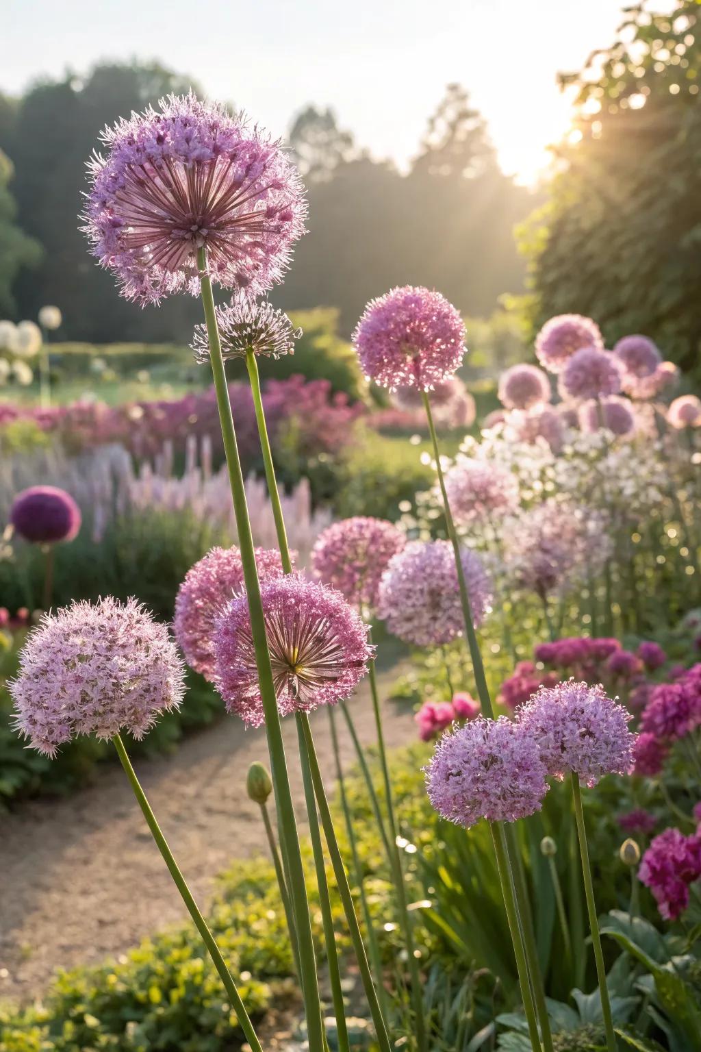 Globe-shaped flowers of ornamental onions adding whimsy to the garden.