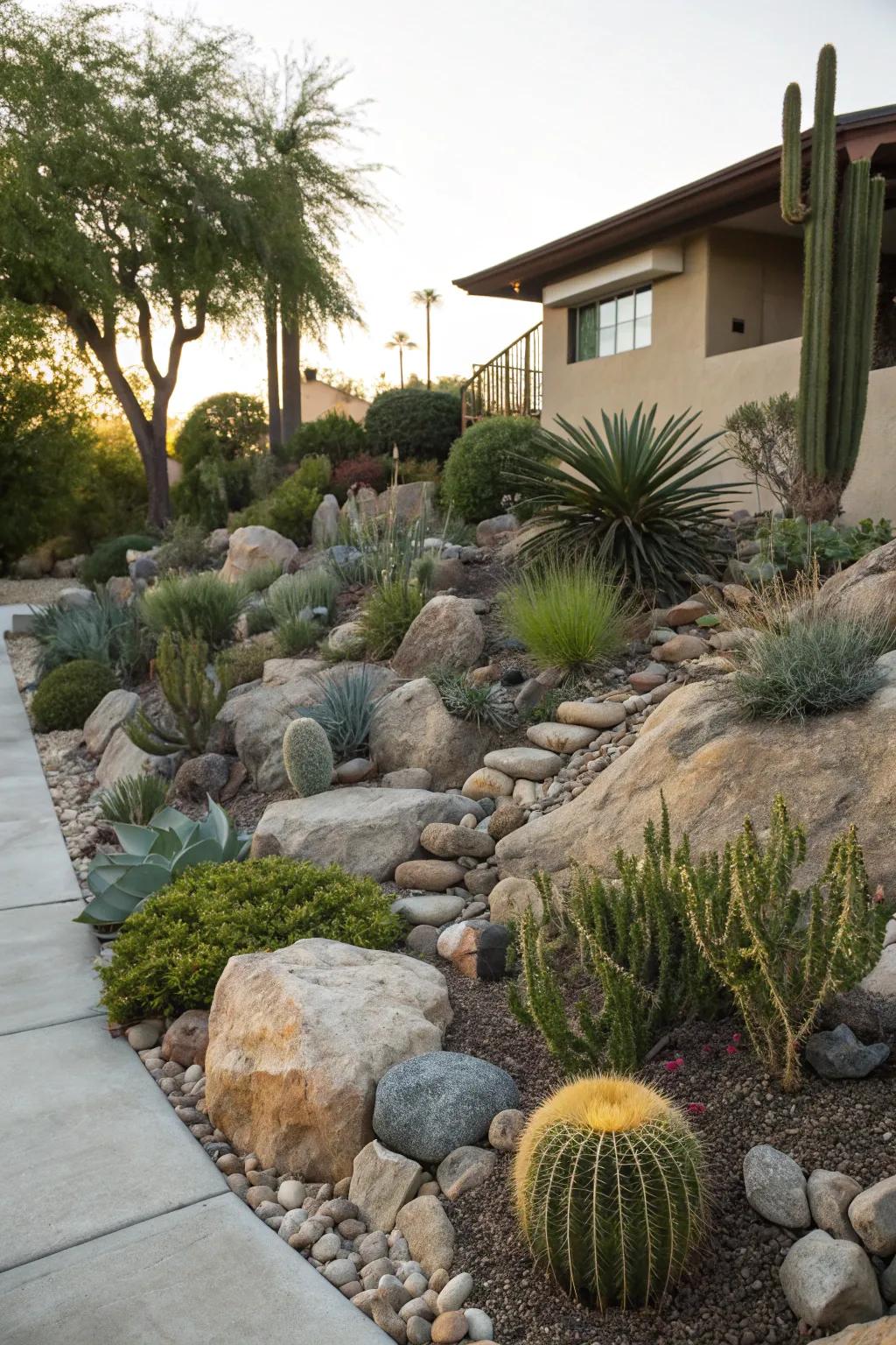 A rock garden combining natural beauty with low-maintenance plants.
