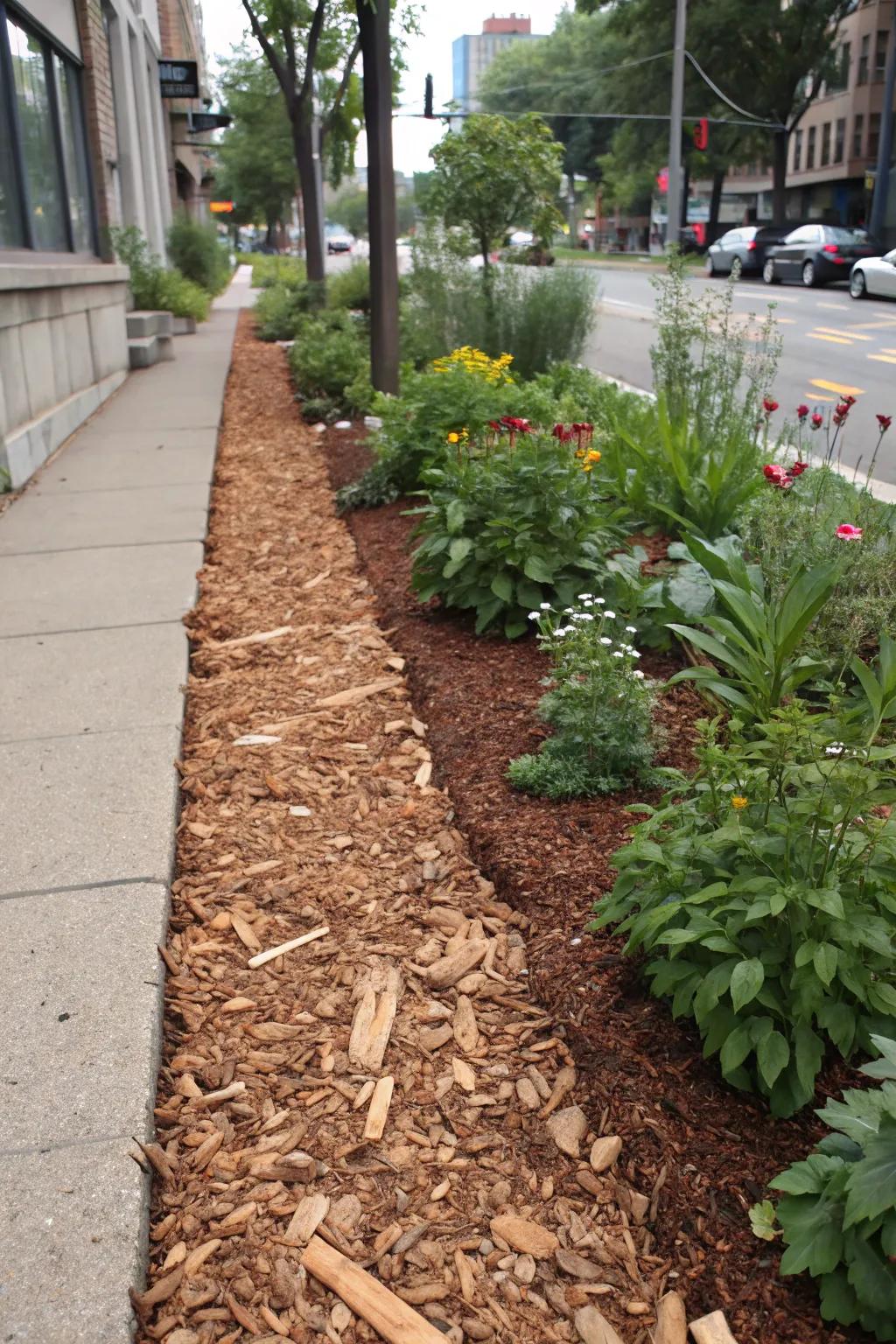 Bark mulch helps retain moisture and suppress weeds in your hellstrip.