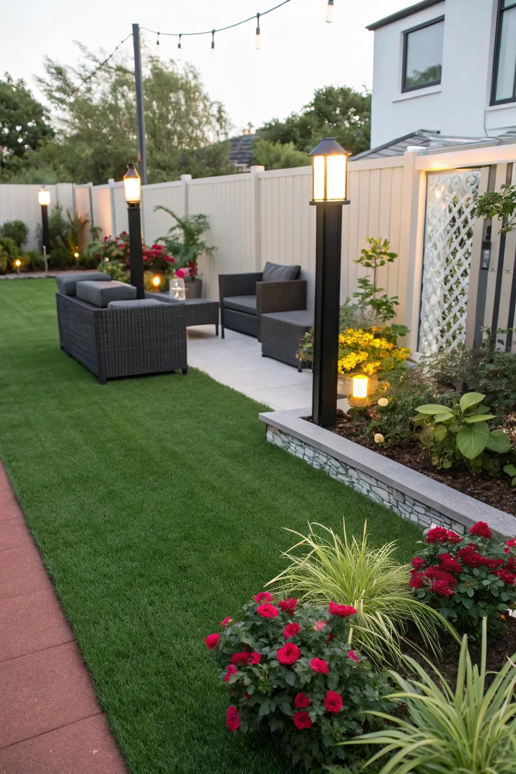 Lush artificial turf providing a zero-maintenance lawn.