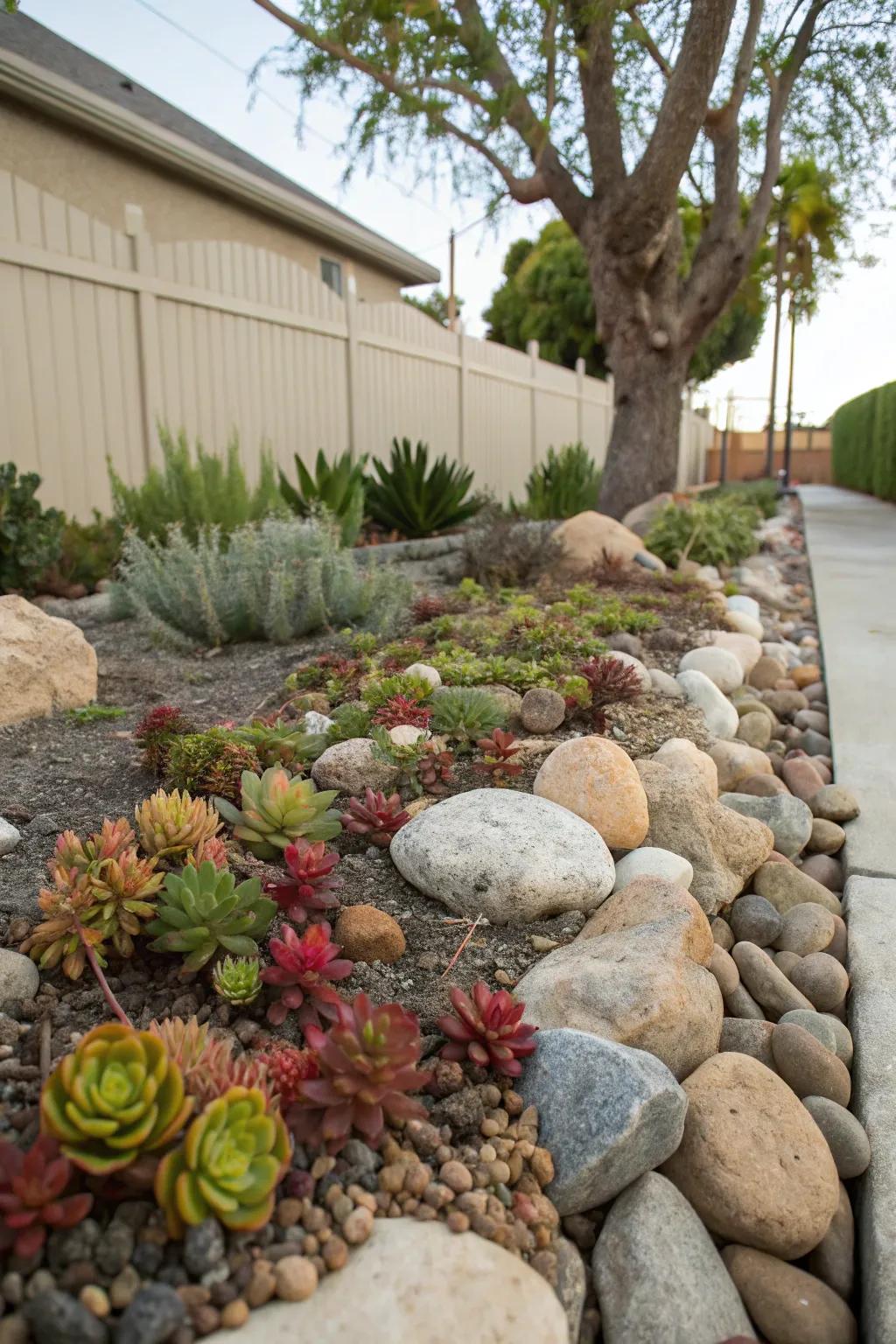 A charming rock garden offering a low-maintenance landscape feature.