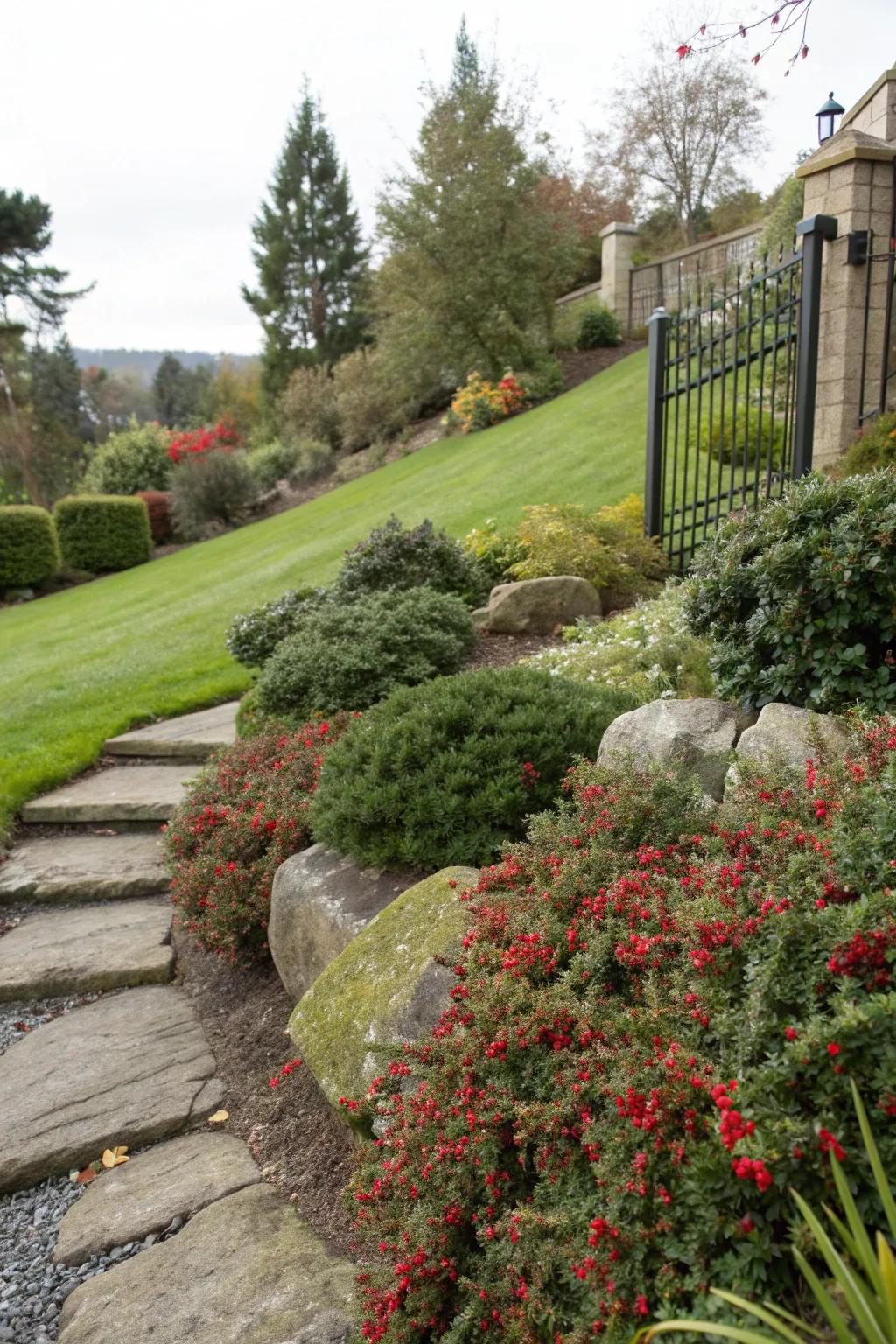 Rock Cotoneaster offers durable groundcover and visual interest.