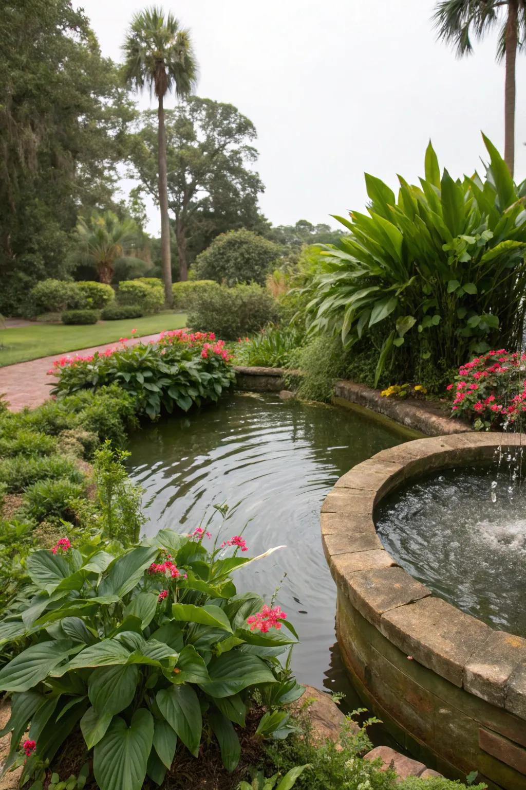Decorative elements like water features add interest with minimal upkeep.