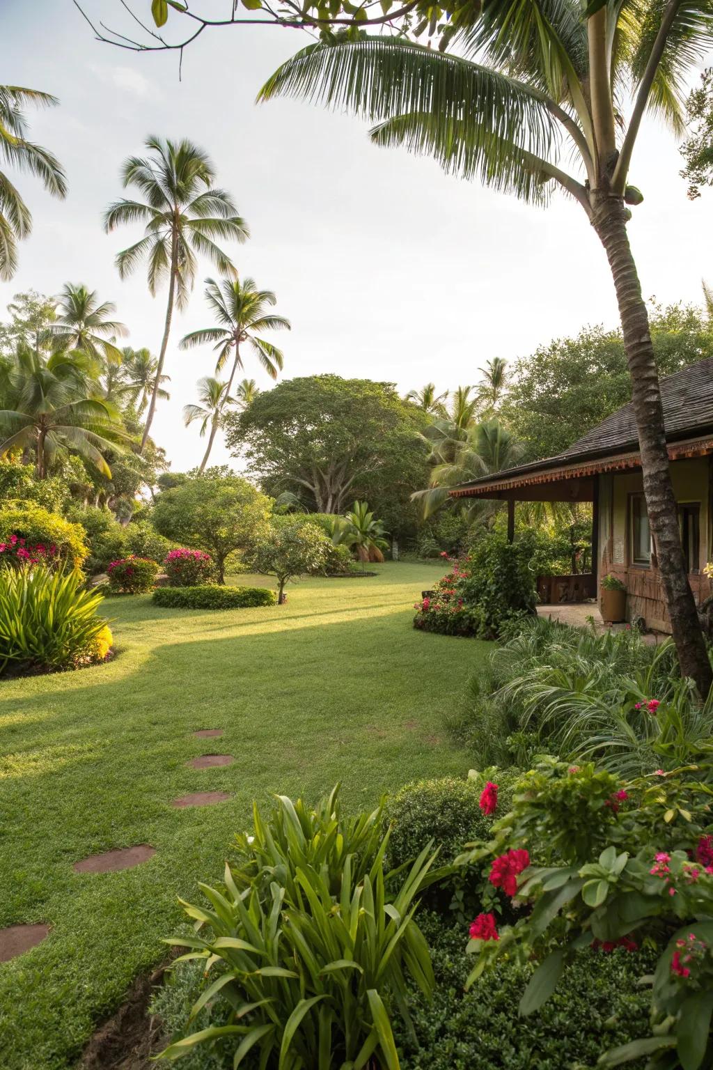 Open lawn areas provide balance and ease of maintenance in a tropical front yard.
