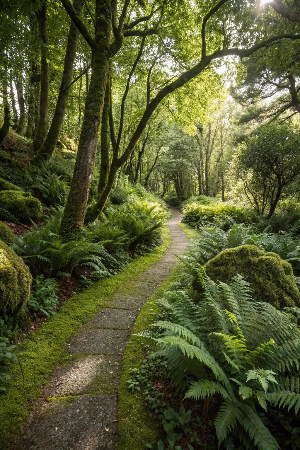 Serene elegance of ferns in shaded walkways.