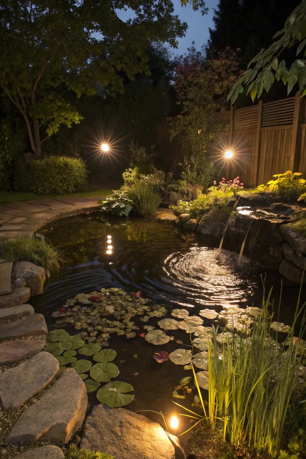 Water feature lighting creates a captivating nighttime display.