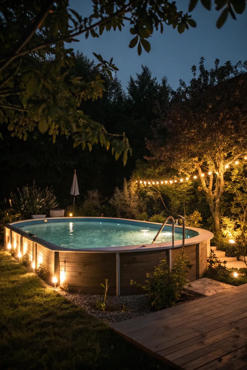 Stylish lighting enhances the ambiance of above ground pools after dark.