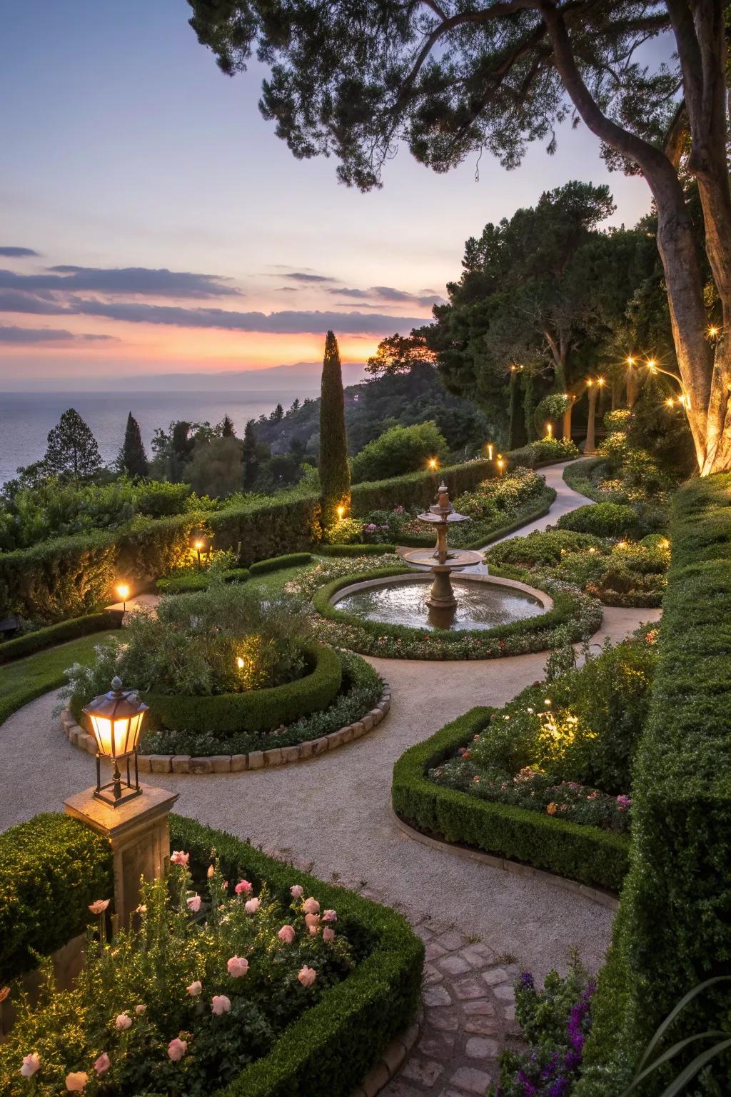 Elegant lighting illuminating pathways and features in a luxurious garden.