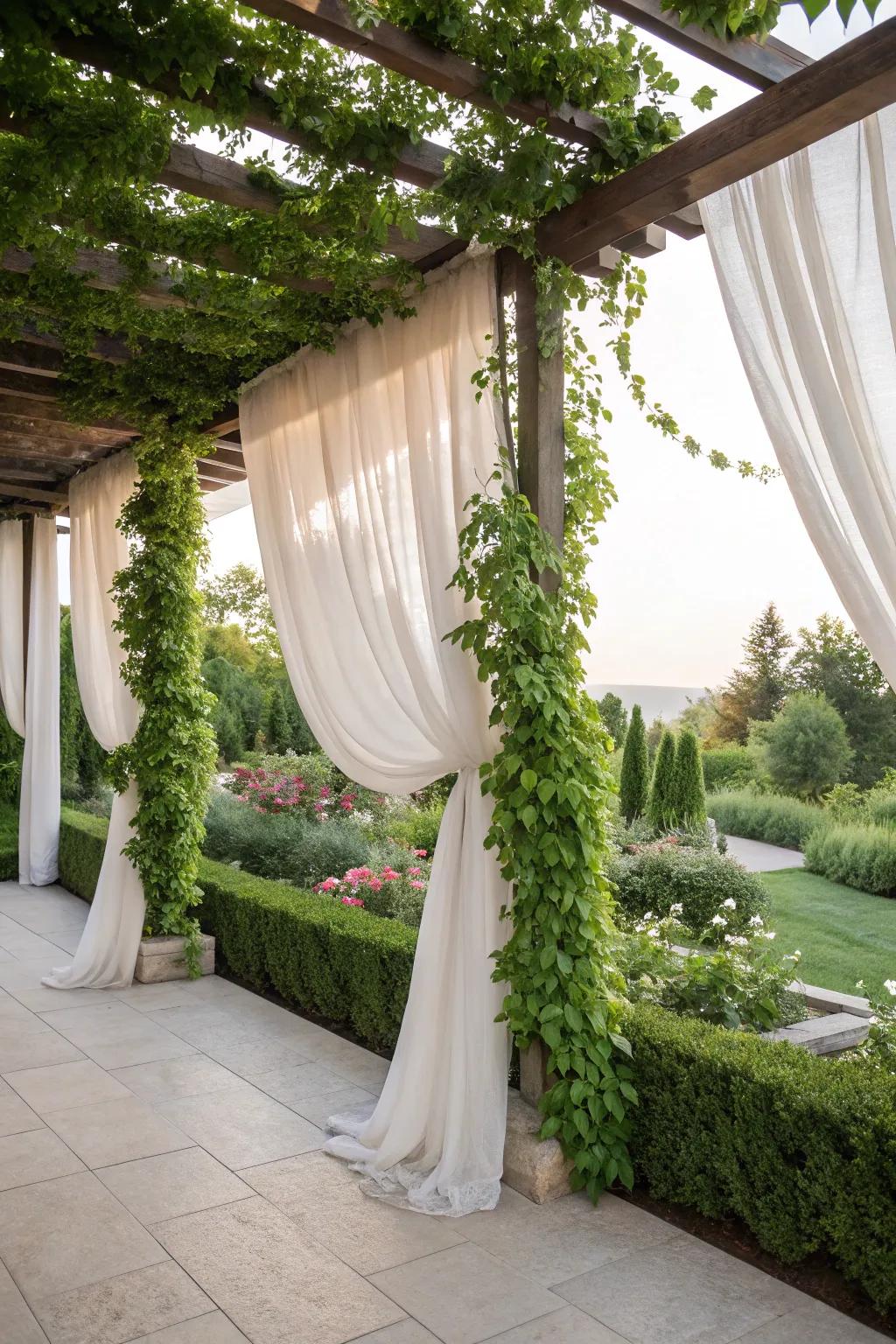 Curtains and privacy screens turn a pergola into a cozy, secluded retreat.