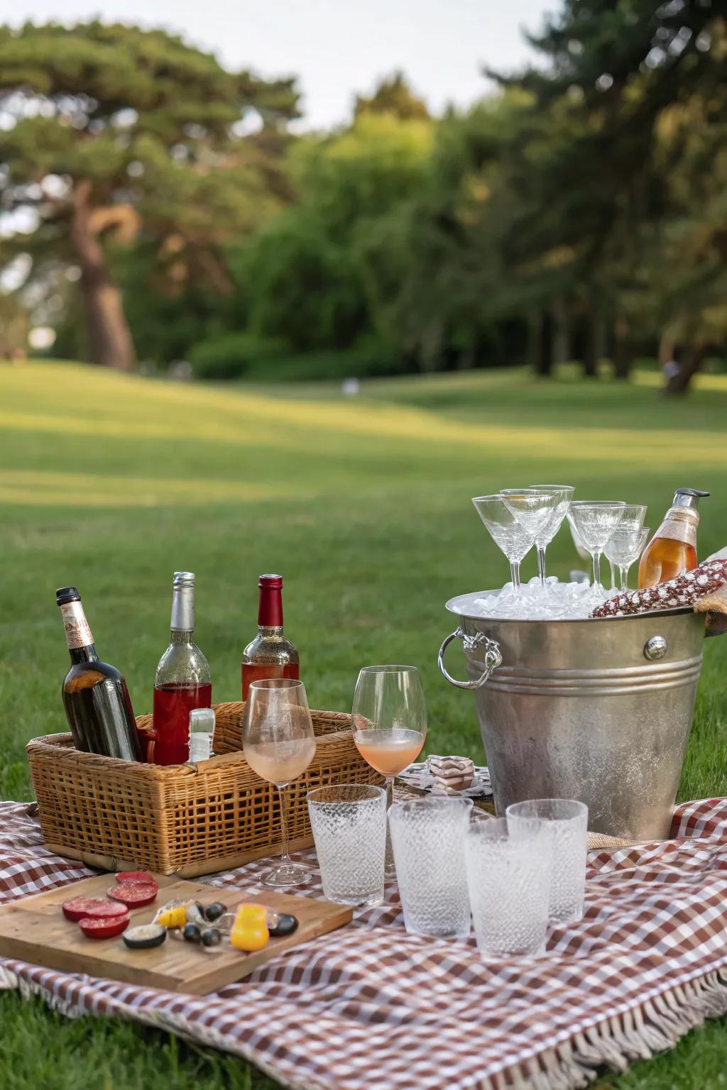A selection of fine wines and cocktails for a luxurious picnic experience.