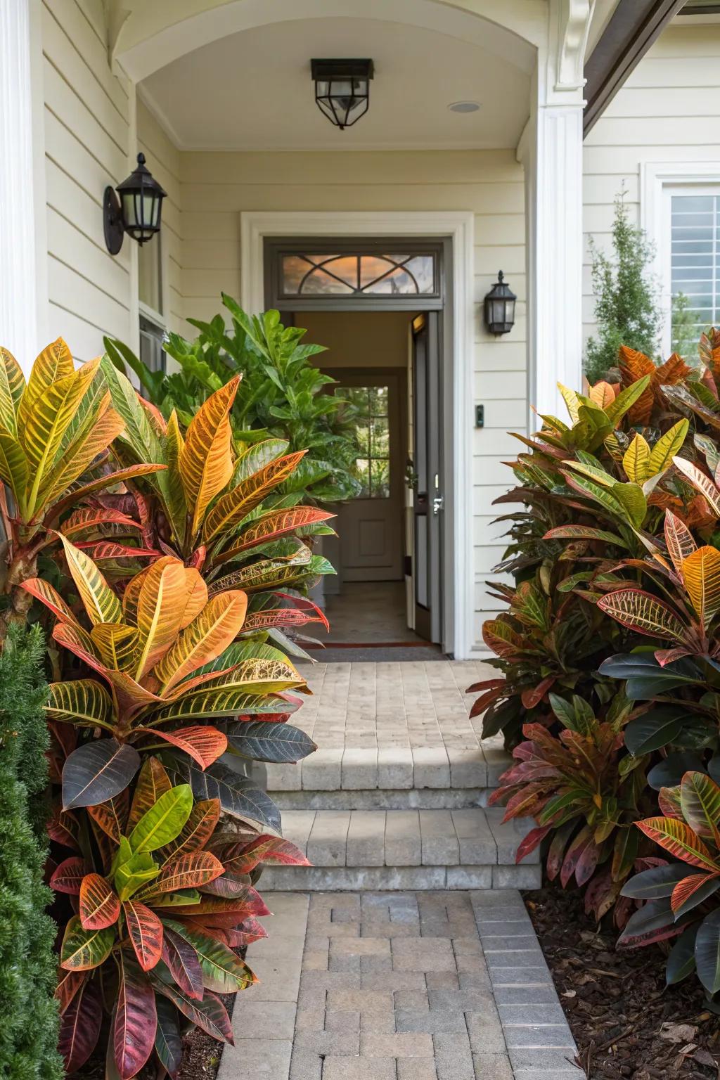 Mammy Crotons enhancing a home entryway with their vibrant colors.