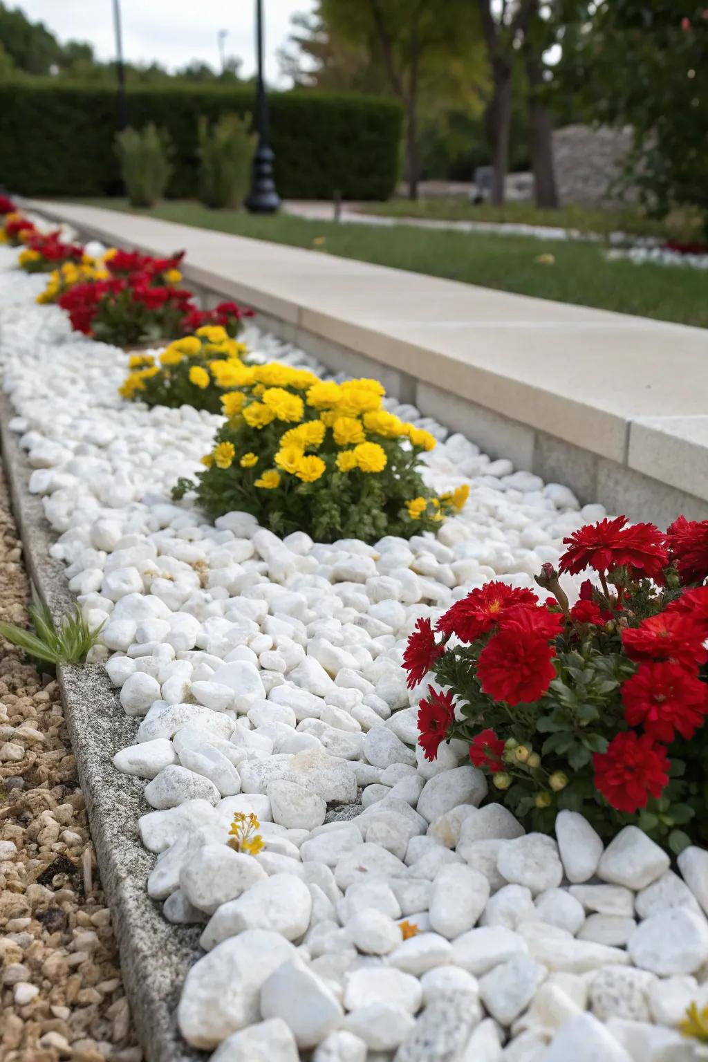 Create eye-catching contrasts with marble chips and vibrant plants.