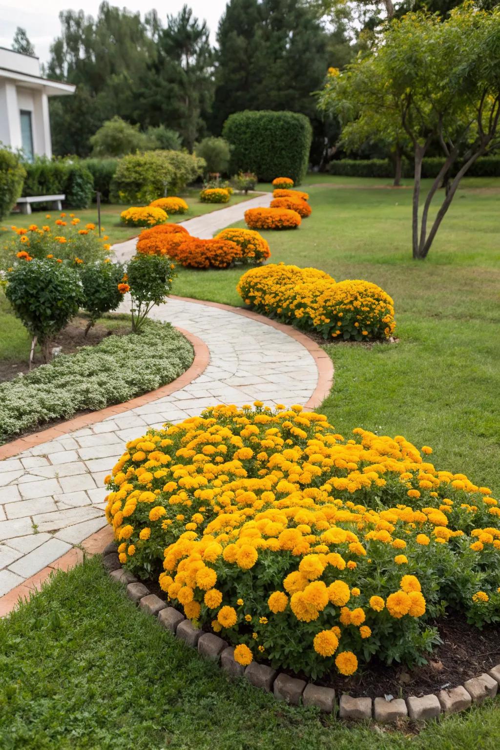Circular marigold islands serving as garden focal points.