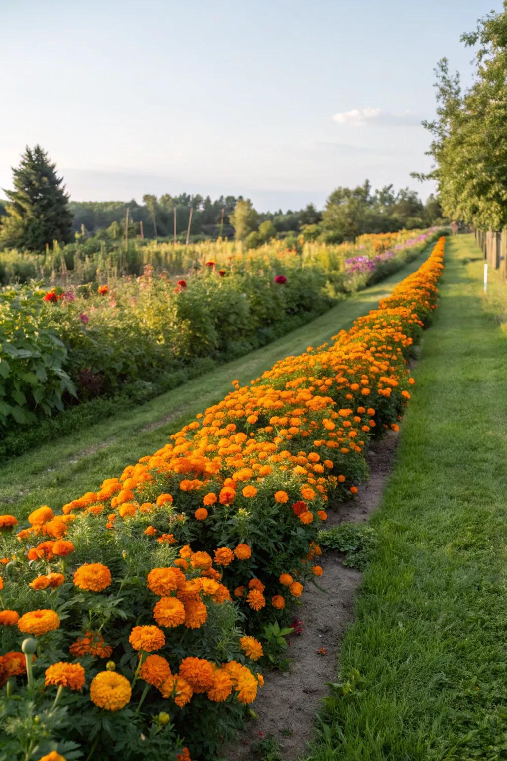 Marigolds create vibrant separations within the garden.