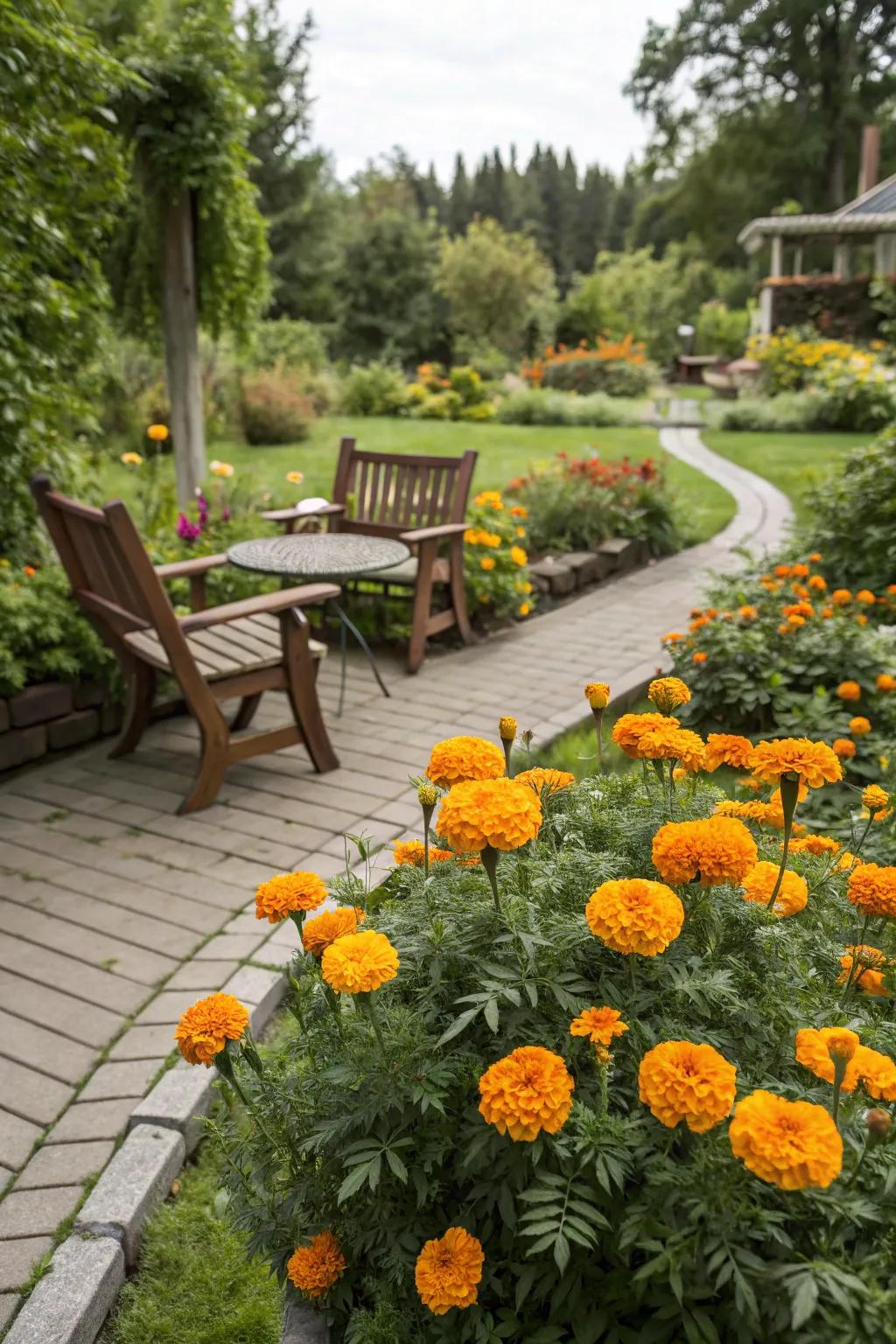 A scented garden retreat with marigolds near a seating area.