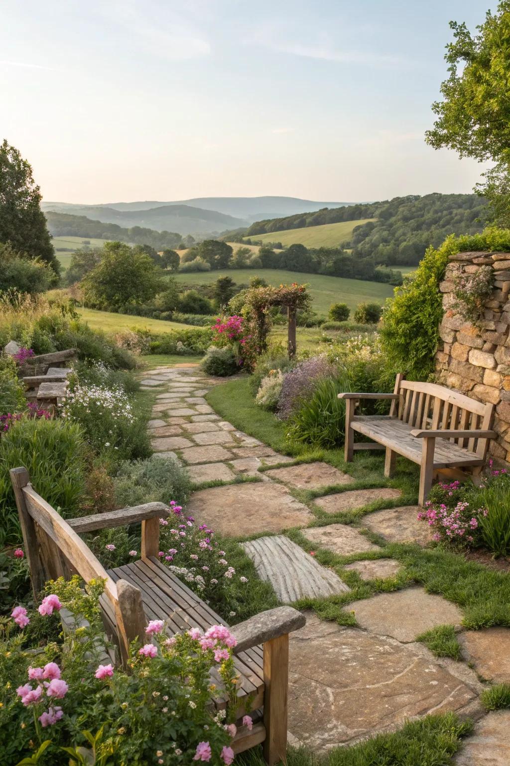 Rustic elements enhancing the garden's natural charm.